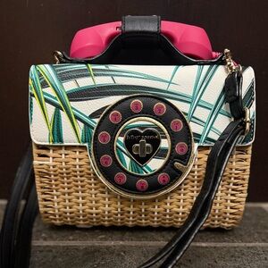 Betsey Johnson Retro Phone Wicker Crossbody - Pink Black Tan